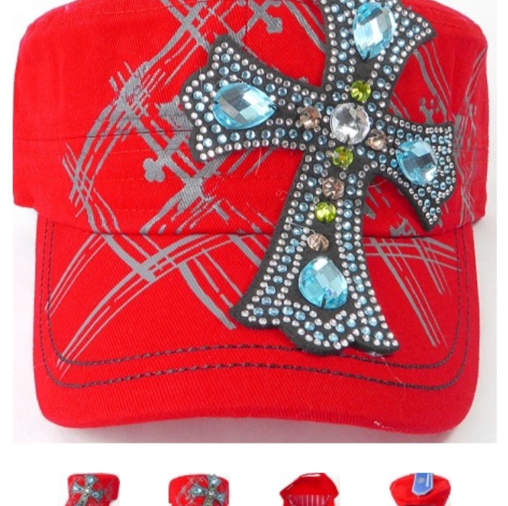 Rhinestone  cadet hat- Turquoise cross red